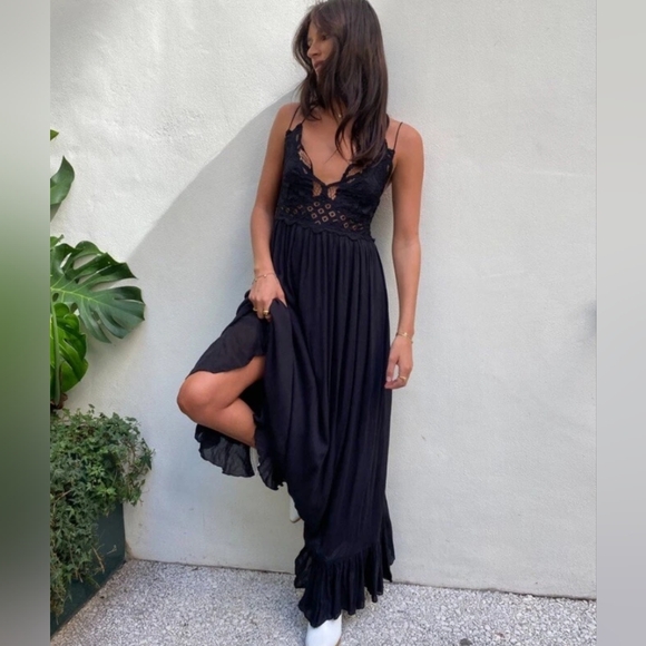 Free People L Adella Maxi Slip Floral Lace Long Flowy Dress Criss Cross Back - Picture 3 of 16